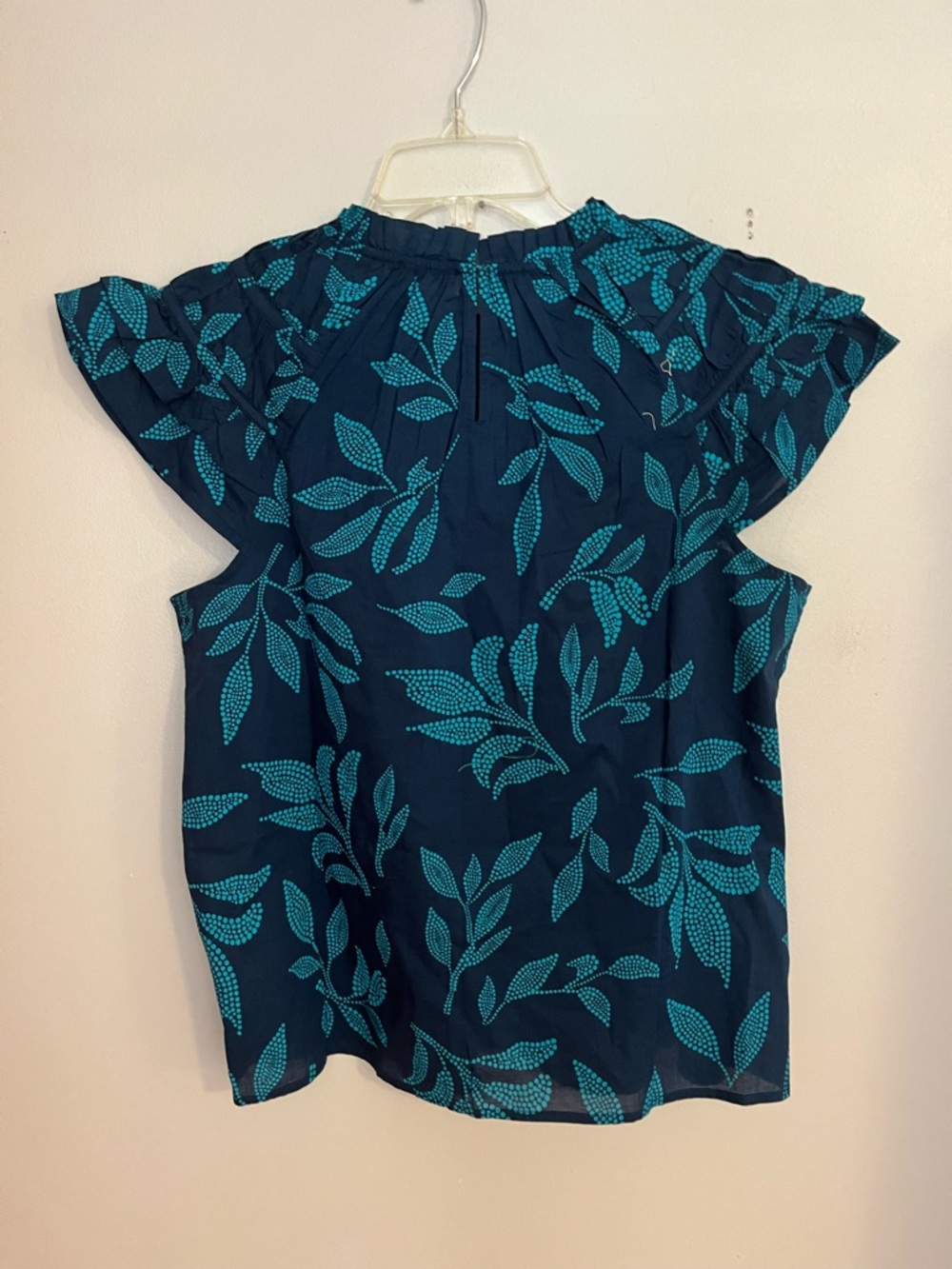 J. Crew Teal Leaf-Print Flutter Sleeve Blouse on Navy - Picture 3 of 5
